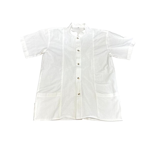 CCC White Short Sleeve Guayabera Shirt Waffle Texture Button Down Mandarin Colla - Picture 3 of 5